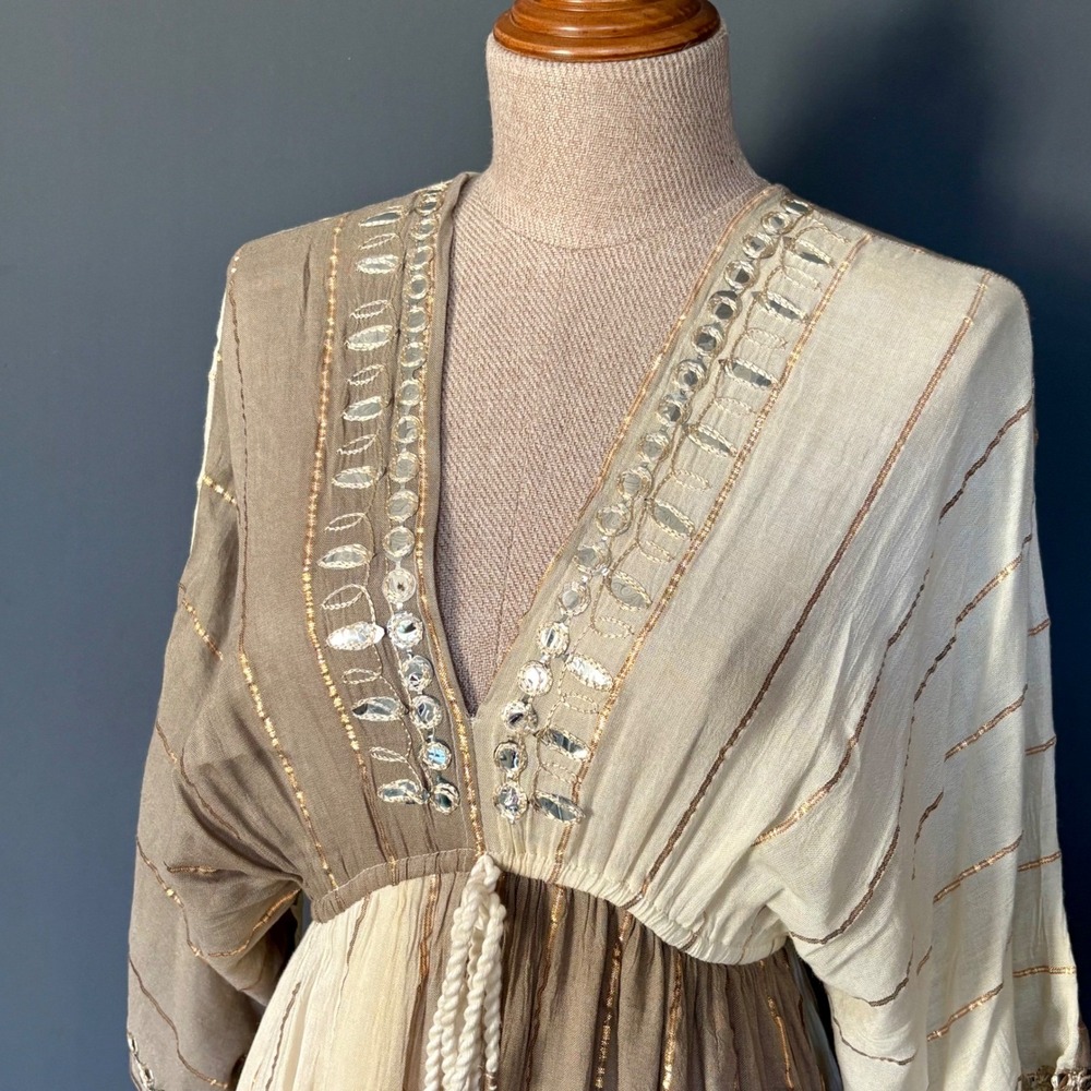 Zury Maxi Dress Gold Metallic Stripe Mirror Embellished Boho | Sz Free Size